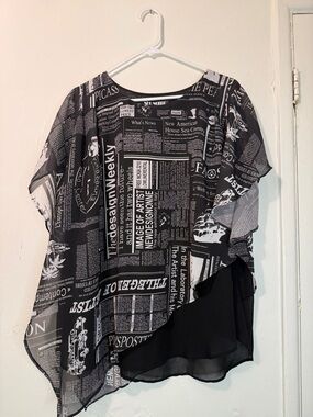 Neo Noble Newspaper Print Poncho Blouse Asymmetric High Low Sheer Top Large